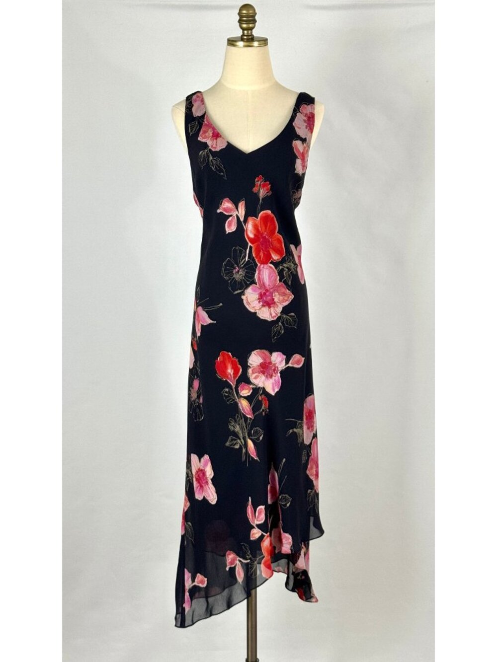 Vtg Y2K Floral Bias Cut Asymmetrical Dress Black Red Pink Dark Fairy Whimsigoth